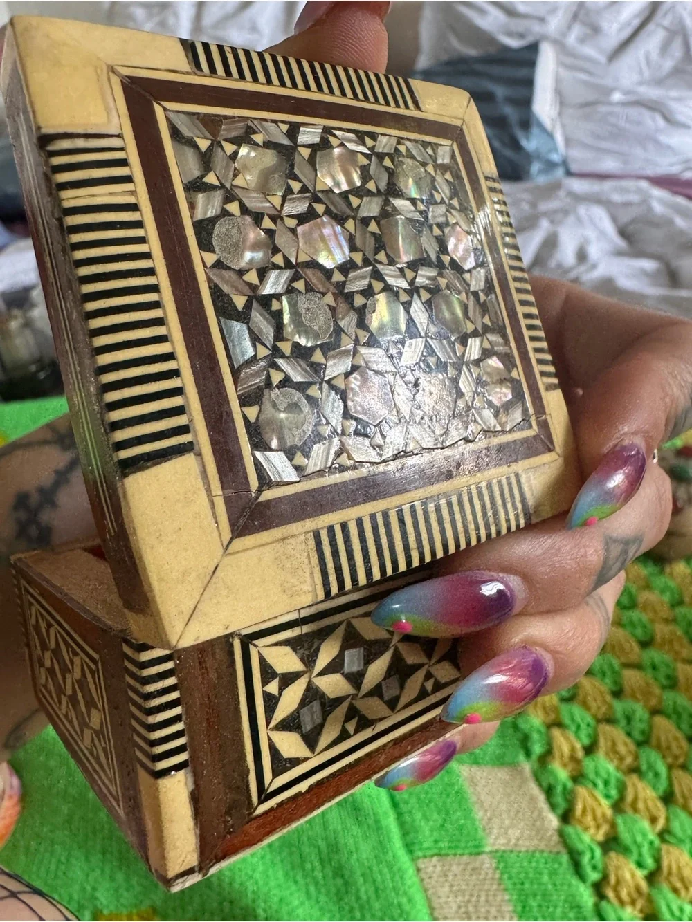 Vintage Wood and bone Trinket Box with Mother of Pearl Inlay
